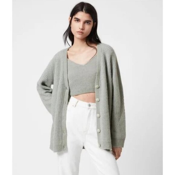 💕ALLSAINTS💕 Leanne Wool & Alpaca Blend Cardigan ~ Green Bay Sage Green XS NWT - Picture 1 of 16